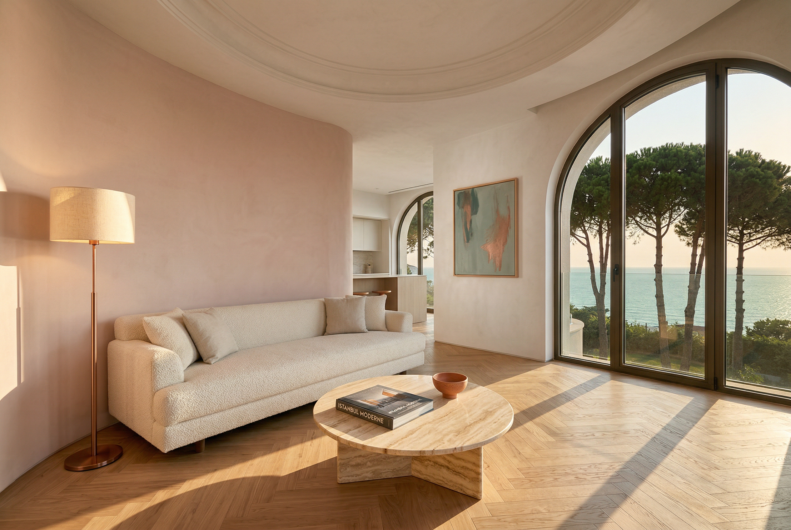 Deniz manzaralı minimalist lüks salon iç mekan tasarımı