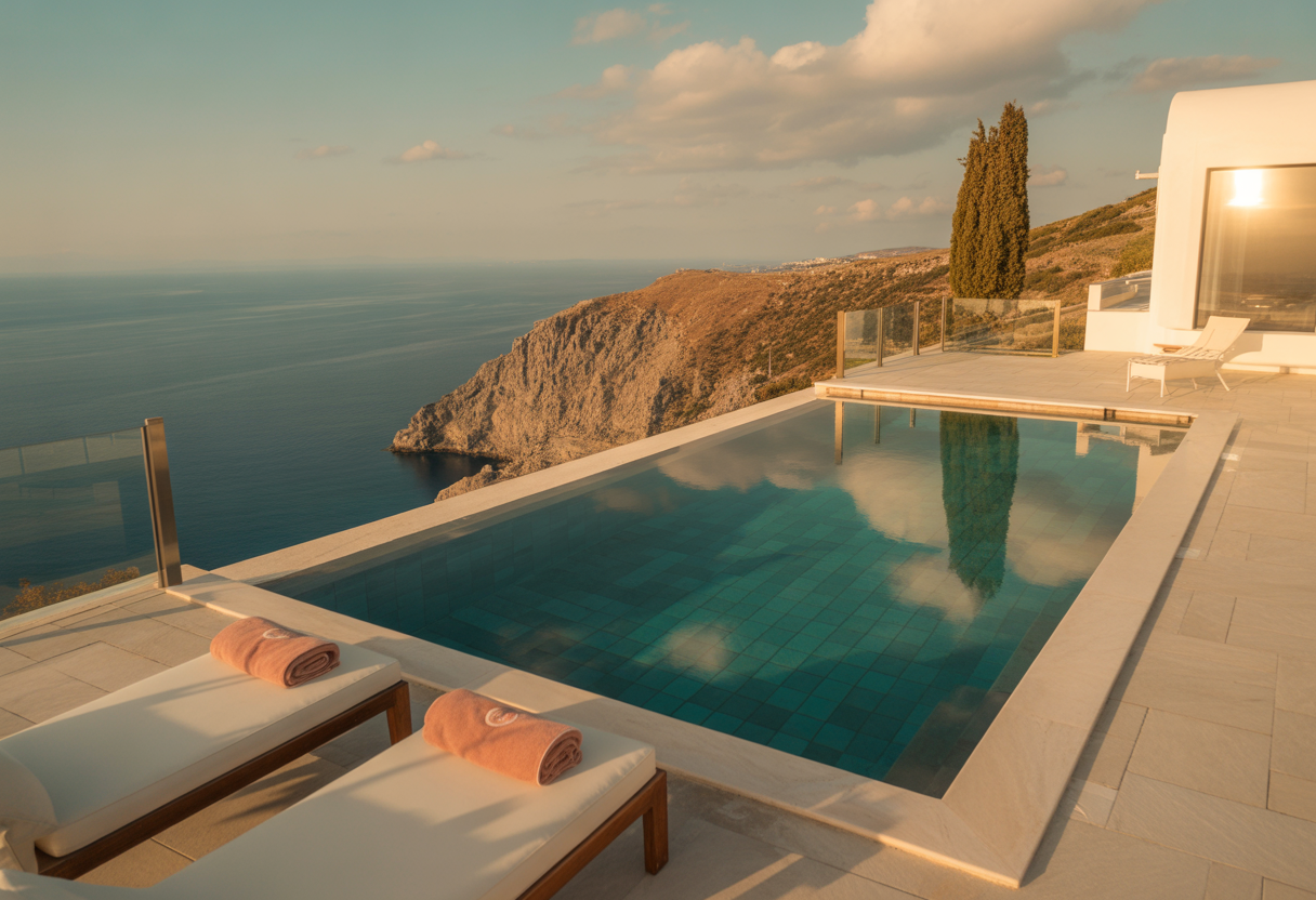 Sonsuzluk havuzu ile Ege Denizi'nin birleştiği manzara