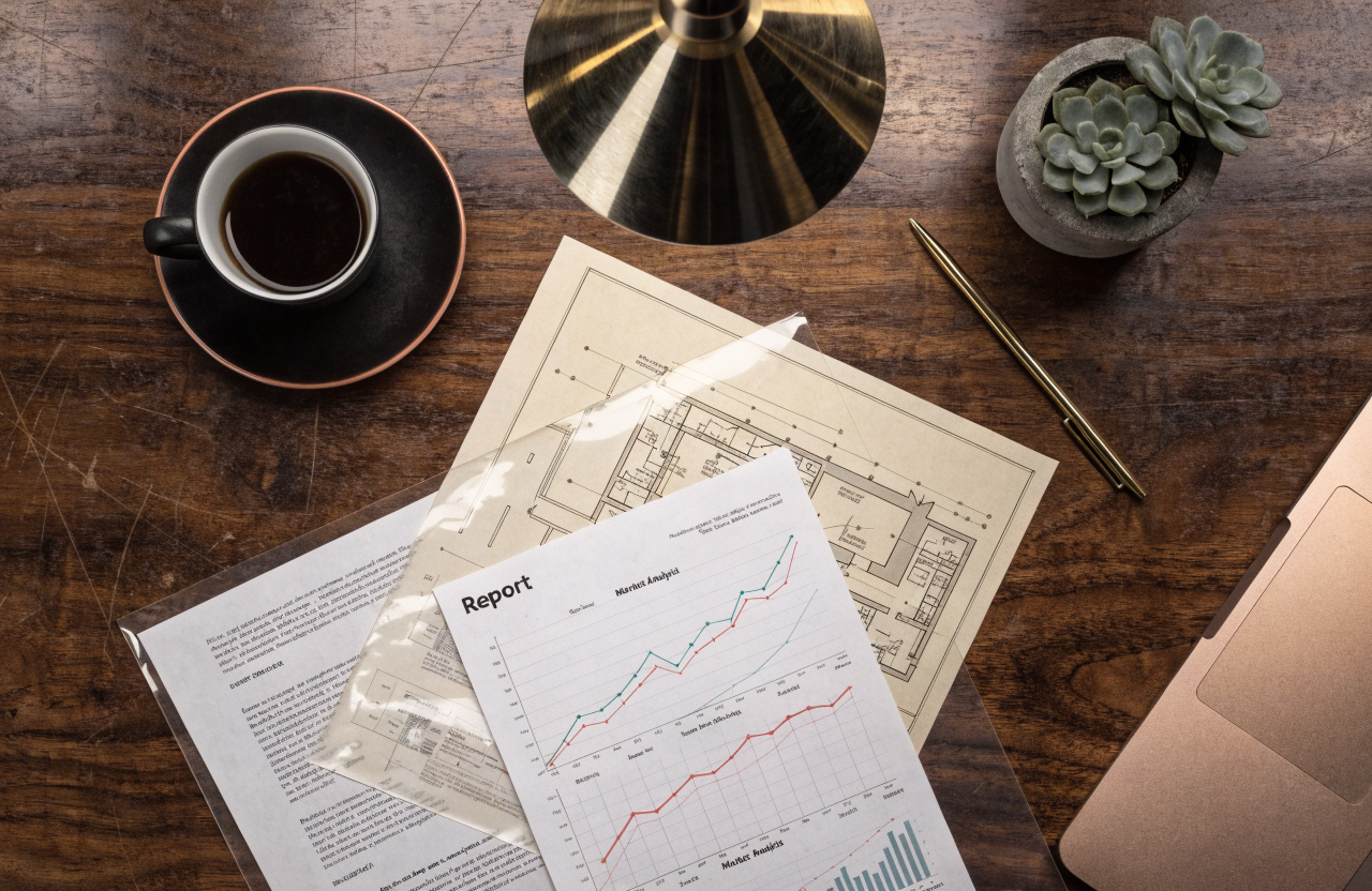 Gayrimenkul yatırım analiz belgeleri ve kahve masaüstü görünümü